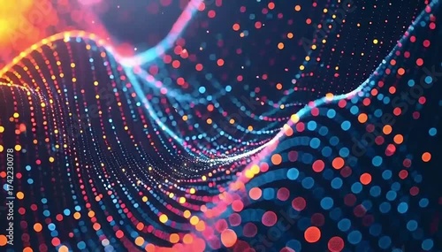 Abstract Digital Wave of Glowing Particles and Data Flow Background