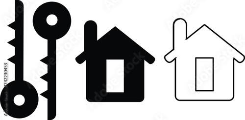 Two stylized black house icons and two black key icons representing home ownership real estate and property transactions symbolizing security and access to a new dwelling