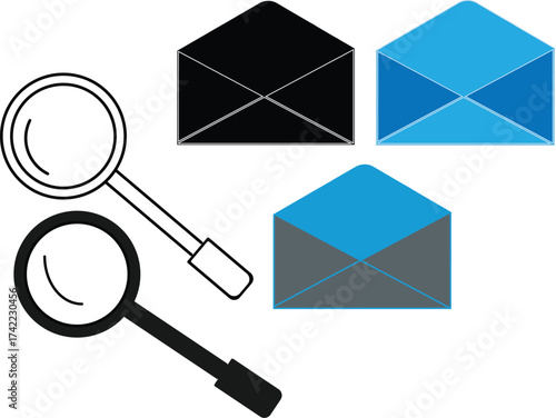 Magnifying glass examining envelopes representing email search digital communication correspondence investigation and online messaging analysis for business and personal use