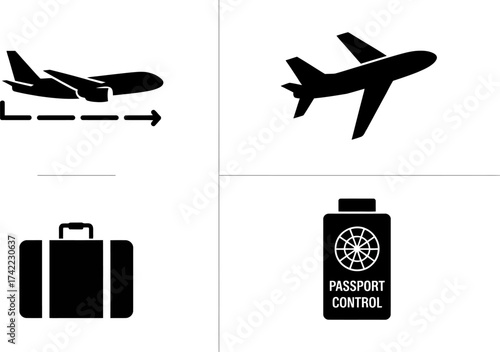 Travel icons: airplane, suitcase, and passport control for journey planning