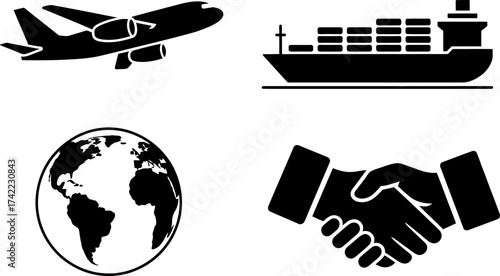 Global logistics and trade network represented by airplane, cargo ship, globe, and handshake icons.