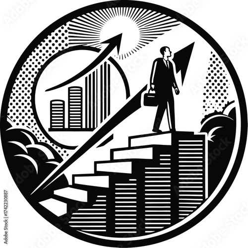 Businessman climbing stairs with growth and success concept