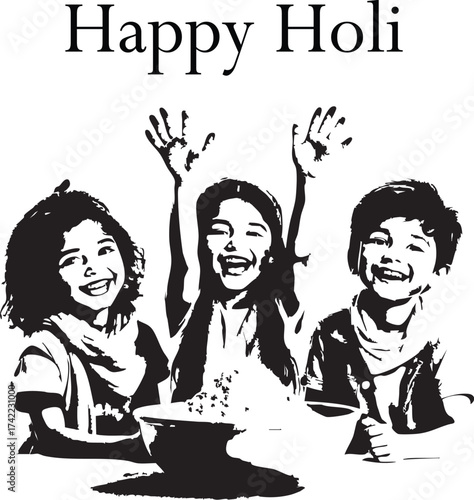 Happy Holi Kids Playing with Color and Celebrating Festival of Colors Vector Graphic

