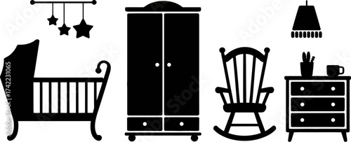 Nursery furniture set with crib, wardrobe, rocking chair, and dresser, perfect for a baby's room.