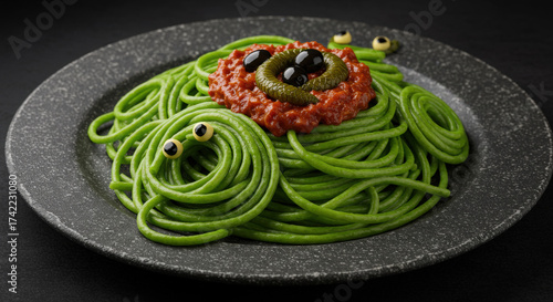 Halloween creepy green spaghetti with olive heads and red sauce