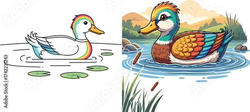 Cartoon duck illustration, colorful duck vector art, cute bird drawing, waterfowl design, swimming duck mascot artwork