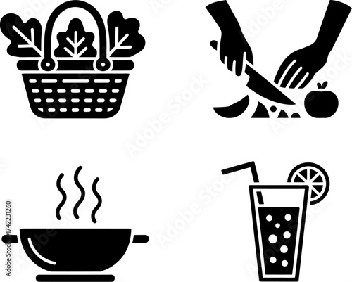 Healthy eating icons: fresh produce, cooking, and refreshing drinks