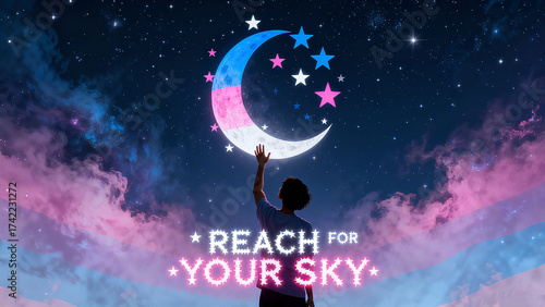The silhouette of stars, moon, and characters represents the concept of pursuing dreams and expanding possibilities, suitable for motivational and self actualization promotional scenes.
