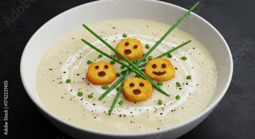 Halloween mashed potato ghosts in festive fall soup