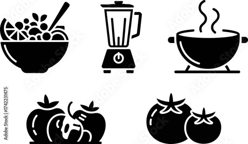 Simple black icons representing healthy food preparation, fresh ingredients, and cooking.