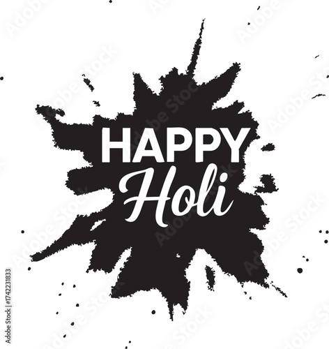 Happy Holi Powder Splash Vector: Grunge Black Paint Texture, Indian Festival of Colors Greeting Design


