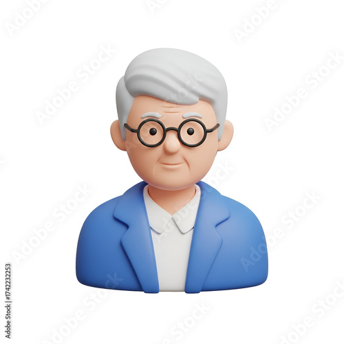 3D cartoon elderly man with glasses on white background Keywords: elderly man, senior, man