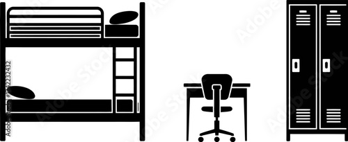 Simple illustration of dormitory room furniture with bunk bed, desk, and lockers
