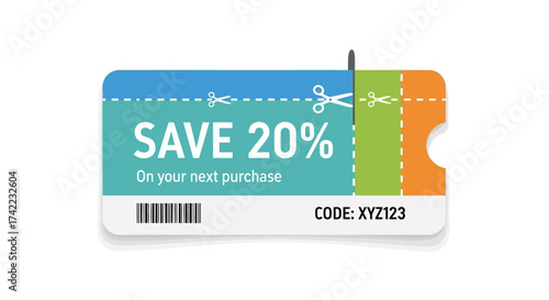A colorful coupon design displaying a "Save 20%" offer, with a barcode and a unique code.