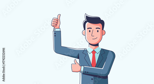 A cartoon businessman in a suit gives a thumbs up gesture, expressing approval and success.
