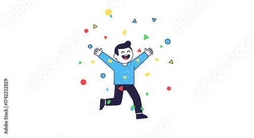 A cartoon man in a blue shirt celebrates with arms raised amidst colorful confetti, expressing joy and excitement.