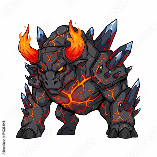 Illustration of a fiery lava bull monster with crystal spikes