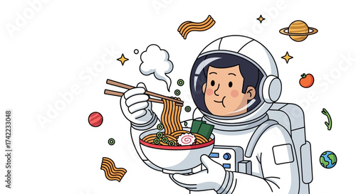 An astronaut enjoying a bowl of ramen noodles in space, eating with chopsticks.