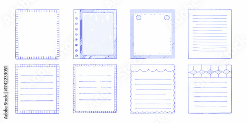 Collection of eight hand drawn blue notebook pages and paper frames with different decorative borders and lines