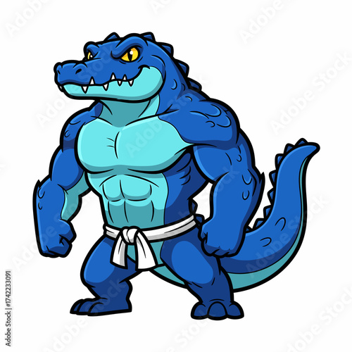 Cartoon vector muscular blue alligator karate fighter stance illustration