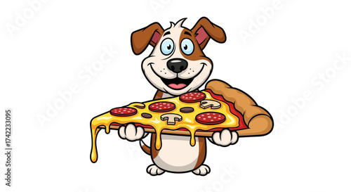 Cartoon dog with brown and white fur happily holds a large, cheesy slice of pizza with pepperoni and mushrooms.