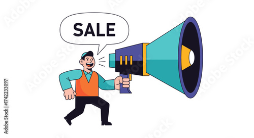 A cartoon man enthusiastically announces a sale through a large megaphone.