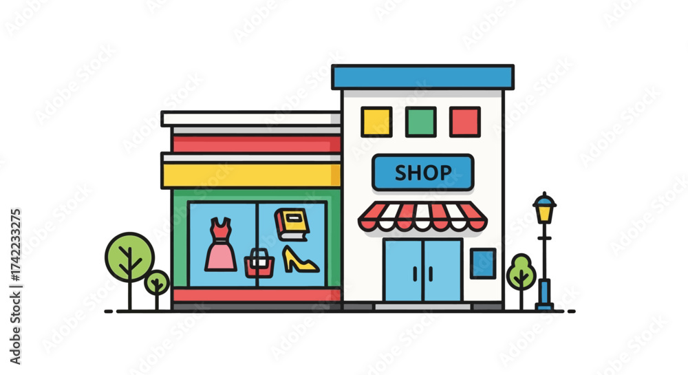 Fototapeta premium Colorful illustration of a two-story shop with a storefront displaying fashion items, trees, and a street lamp.