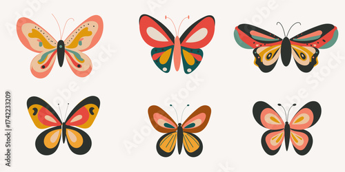 Trendy groovy butterfly set isolated, bright color, for stickers, element design