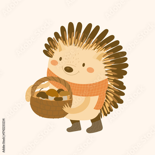 Autumn scene with hedgehog with basket with mushrooms, flat vector cartoon
