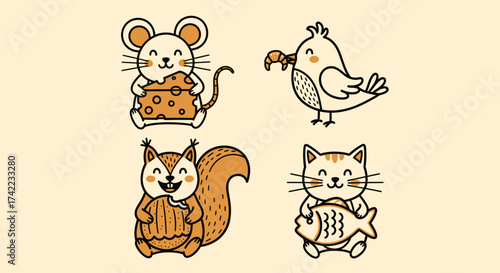 Flat vector cute animals illustration mouse squirrel bird and cat cartoon