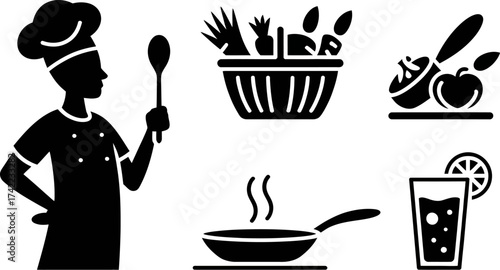 Chef preparing healthy food with fresh ingredients and a refreshing drink.