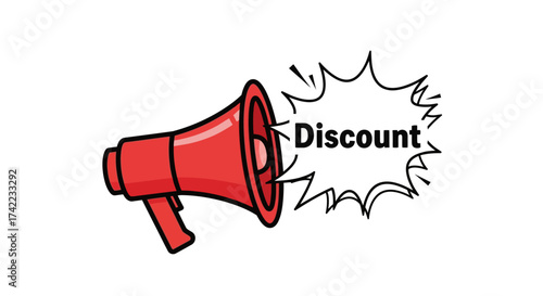 A cartoon megaphone announces a discount, a promotional graphic for sales and offers.