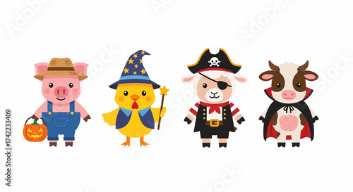 Flat vector animals Halloween costumes pig chicken sheep cow characters