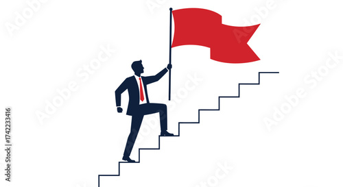 Silhouette of a businessman climbing stairs towards a red flag, symbolizing success, achievement, and reaching a goal.