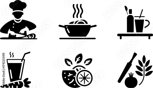 Collection of food and cooking icons representing culinary arts and healthy eating.