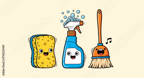 Cartoon vector illustration of smiling cleaning tools sponge spray and broom