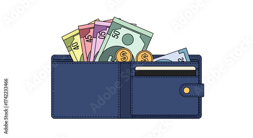 An open blue wallet filled with various colorful banknotes and two gold coins, with a credit card visible.