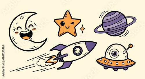 Flat vector cartoon space doodles with smiling moon rocket planet ufo