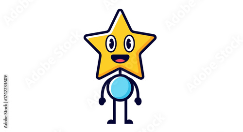 A cheerful cartoon star character with a smiling face and a blue body standing.