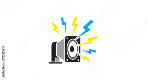 A stylized illustration of a speaker emitting sound waves depicted as lightning bolts in yellow and blue.