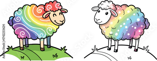 Colorful rainbow sheep illustration, cute farm animal drawing, fluffy wool cartoon artwork, adorable livestock vector design