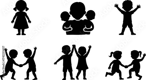 Silhouettes of happy children playing together, celebrating childhood and friendship.