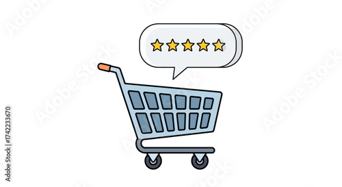 A shopping cart with a speech bubble displaying five golden stars, symbolizing excellent customer feedback.