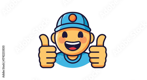 Cartoon character with a blue cap and shirt giving two thumbs up with a happy, smiling expression.