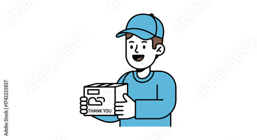 Smiling delivery person holding a package with a "Thank You" message, ready to deliver.