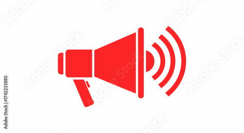 A red stylized megaphone icon emitting sound waves, isolated on a white background.