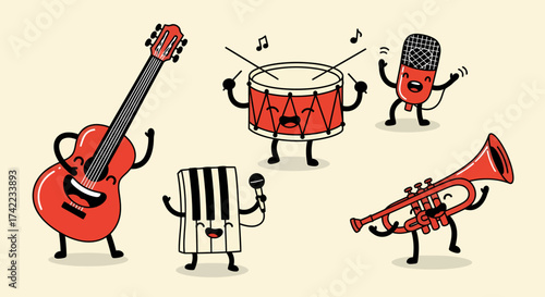 Flat vector cartoon musical instruments band performing cheerful music