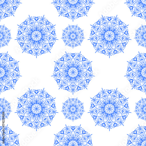 Blue line drawing mandal on white background, ethnic fabric seamless pattern, for paper, carpet, cloth, textile, wallpaper, wrapping, decoration.