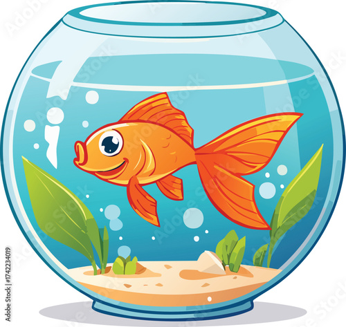 Cheerful goldfish swimming in a glass bowl illustration Vector Art