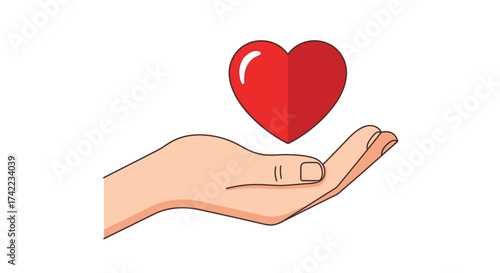 A hand is gently holding a bright red heart, symbolizing love, care, and offering support.